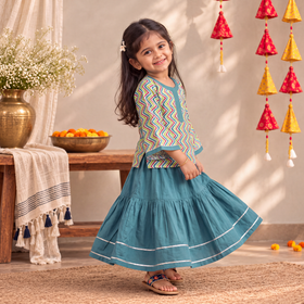 Girls Gota Work Floral Block Print Cotton Kurta with Sharara Set (3-4 Years) 37