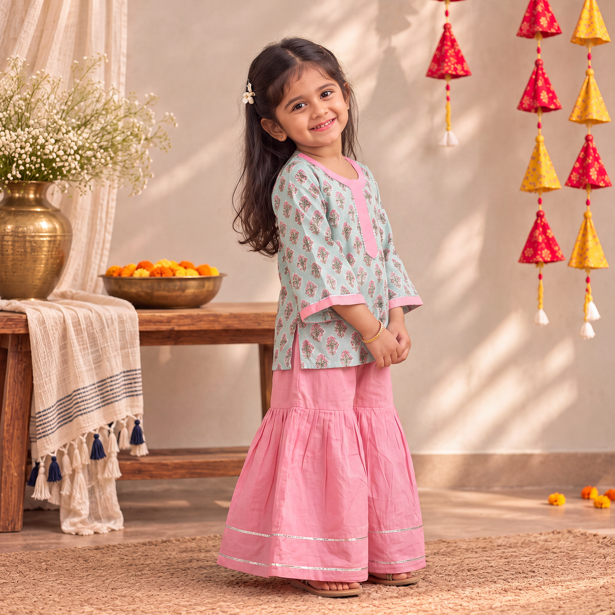 Girls Gota Work Floral Block Print Cotton Kurta with Sharara Set (3-4 Years) 39