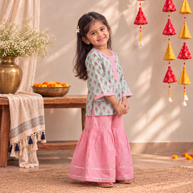 Girls Gota Work Floral Block Print Cotton Kurta with Sharara Set (3-4 Years) 39