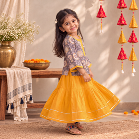 Girls Gota Work Floral Block Print Cotton Kurta with Sharara Set (3-4 Years) 35