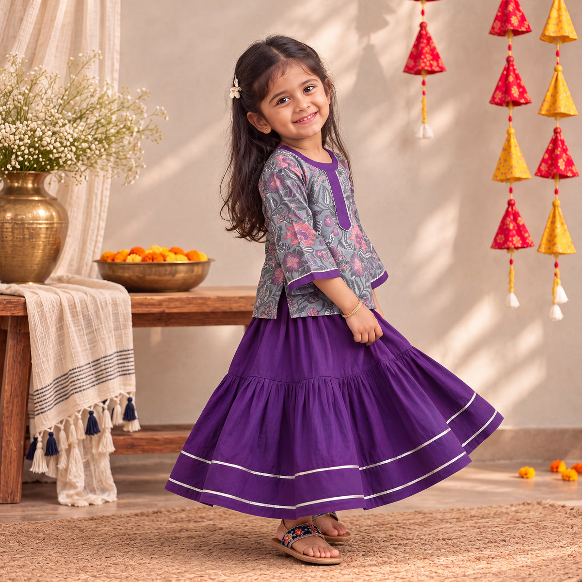 Girls Gota Work Floral Block Print Cotton Kurta with Sharara Set (3-4 Years) 32