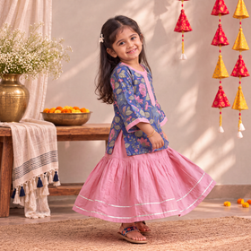 Girls Gota Work Floral Block Print Cotton Kurta with Sharara Set (3-4 Years) 29