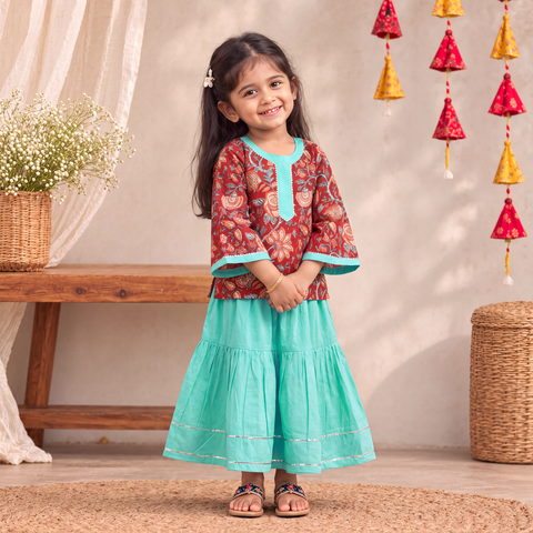 Girls Gota Work Floral Block Print Cotton Kurta with Sharara Set (3-4 Years) 38