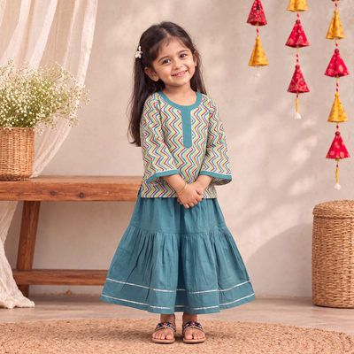 Girls Gota Work Floral Block Print Cotton Kurta with Sharara Set (3-4 Years) 37