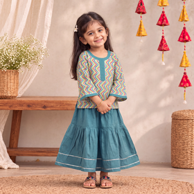 Girls Gota Work Floral Block Print Cotton Kurta with Sharara Set (3-4 Years) 37