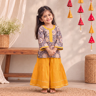 Girls Gota Work Floral Block Print Cotton Kurta with Sharara Set (3-4 Years) 35
