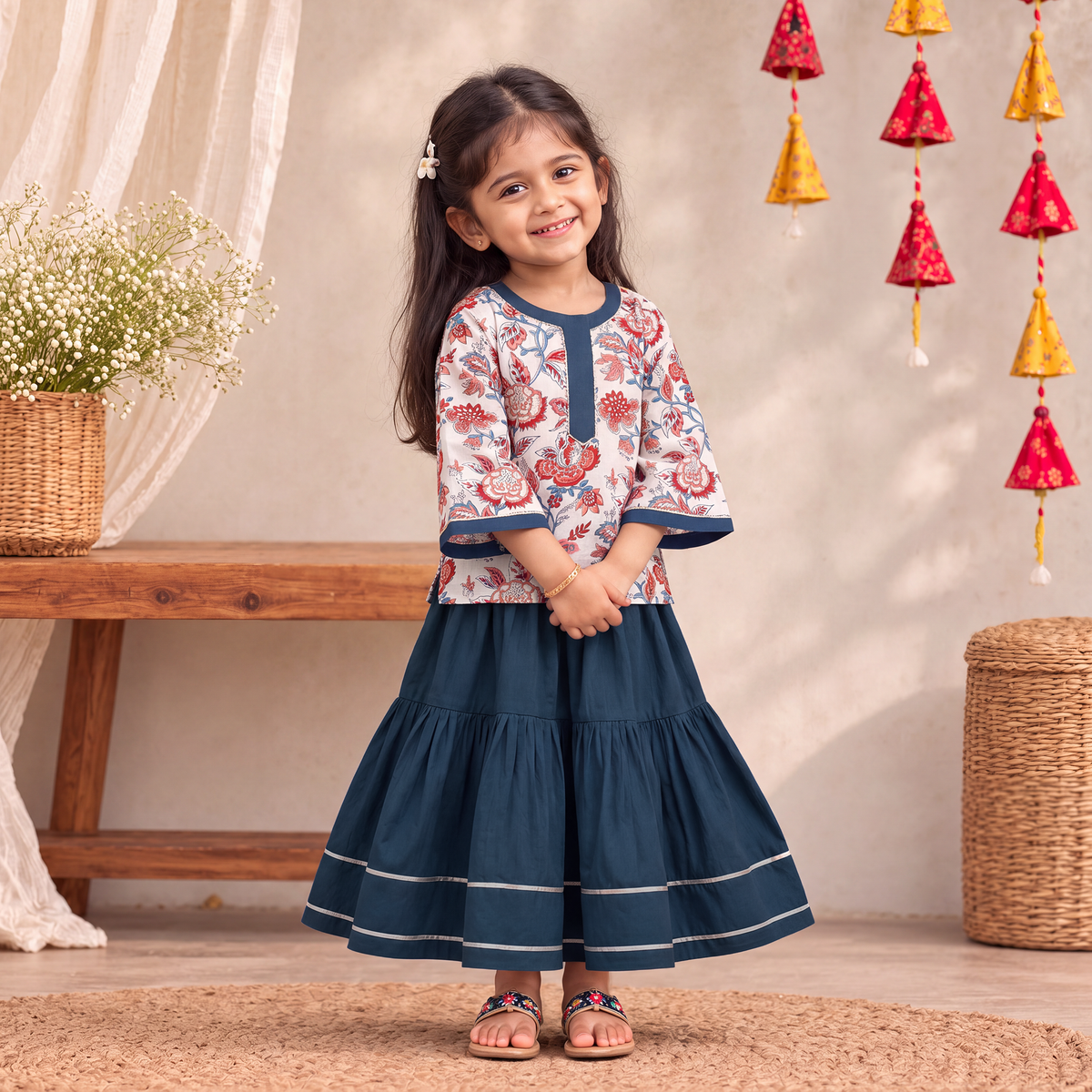 Girls Gota Work Floral Block Print Cotton Kurta with Sharara Set (3-4 Years) 34