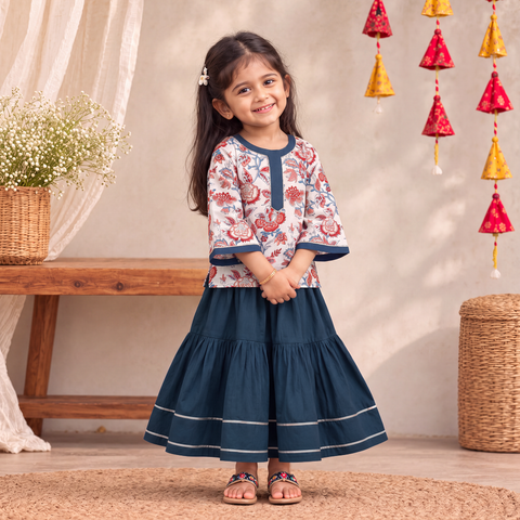 Girls Gota Work Floral Block Print Cotton Kurta with Sharara Set (3-4 Years) 34