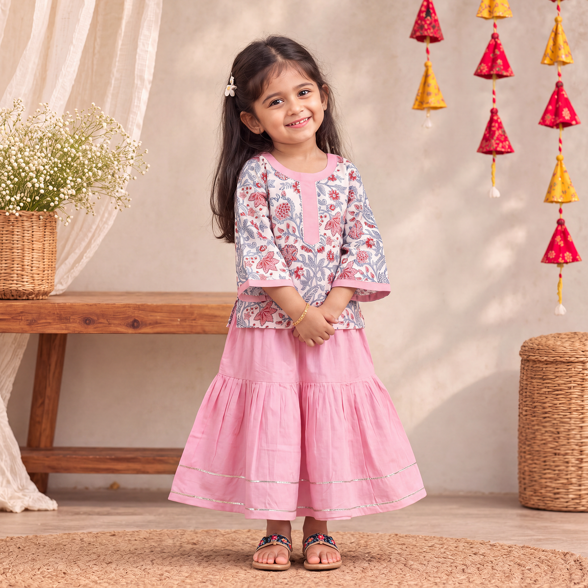 Girls Gota Work Floral Block Print Cotton Kurta with Sharara Set (3-4 Years) 33