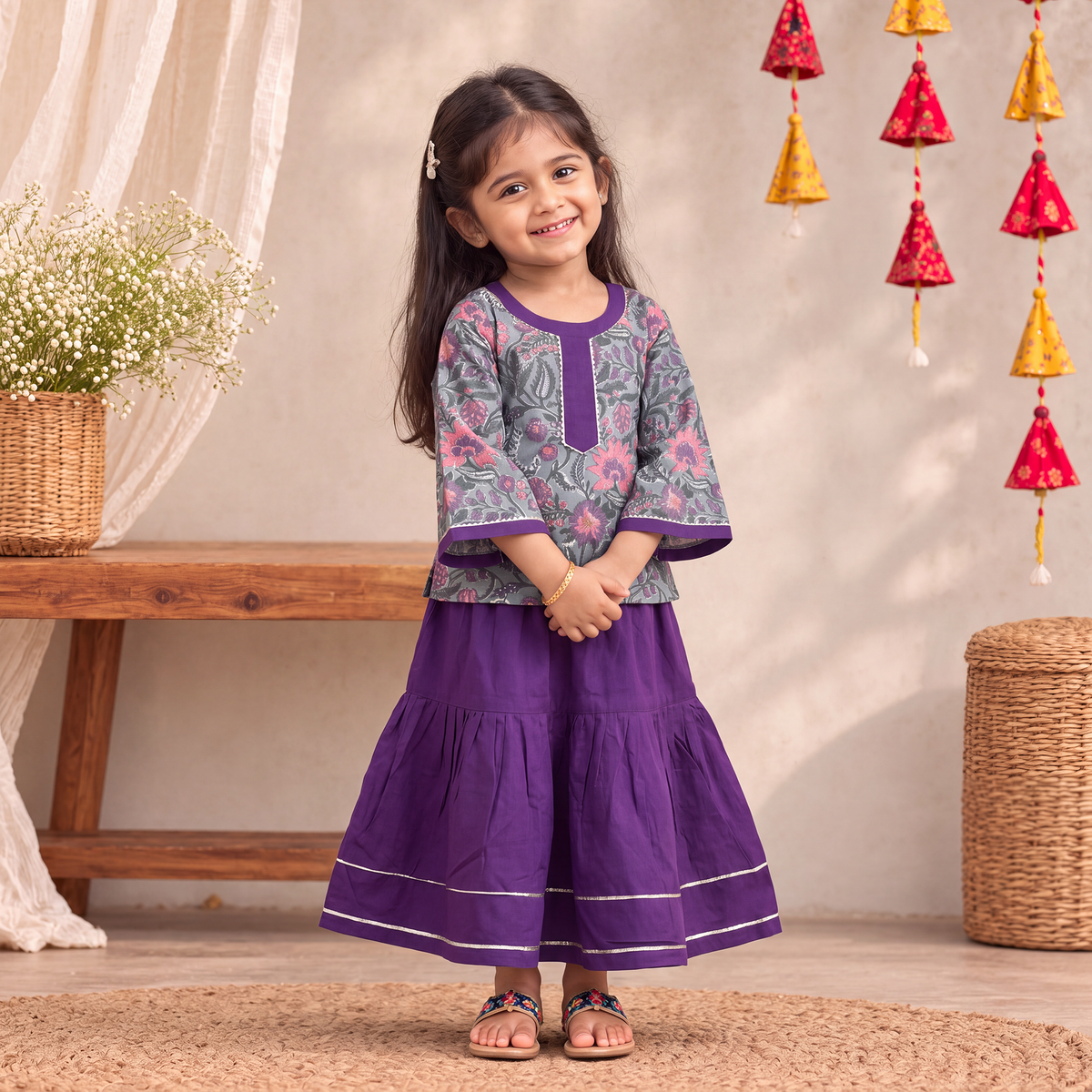 Girls Gota Work Floral Block Print Cotton Kurta with Sharara Set (3-4 Years) 32