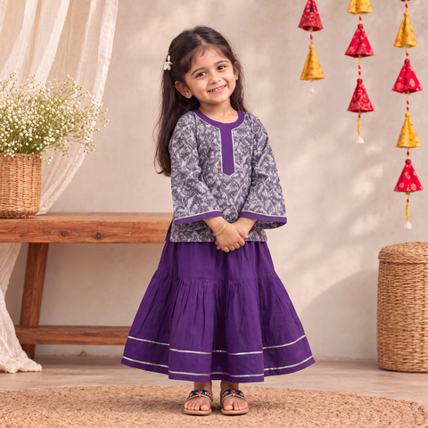 Girls Gota Work Floral Block Print Cotton Kurta with Sharara Set (3-4 Years) 30