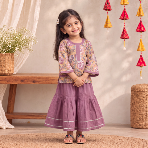 Girls Gota Work Floral Block Print Cotton Kurta with Sharara Set (3-4 Years) 19