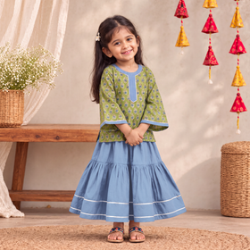 Girls Gota Work Floral Block Print Cotton Kurta with Sharara Set (3-4 Years) 18