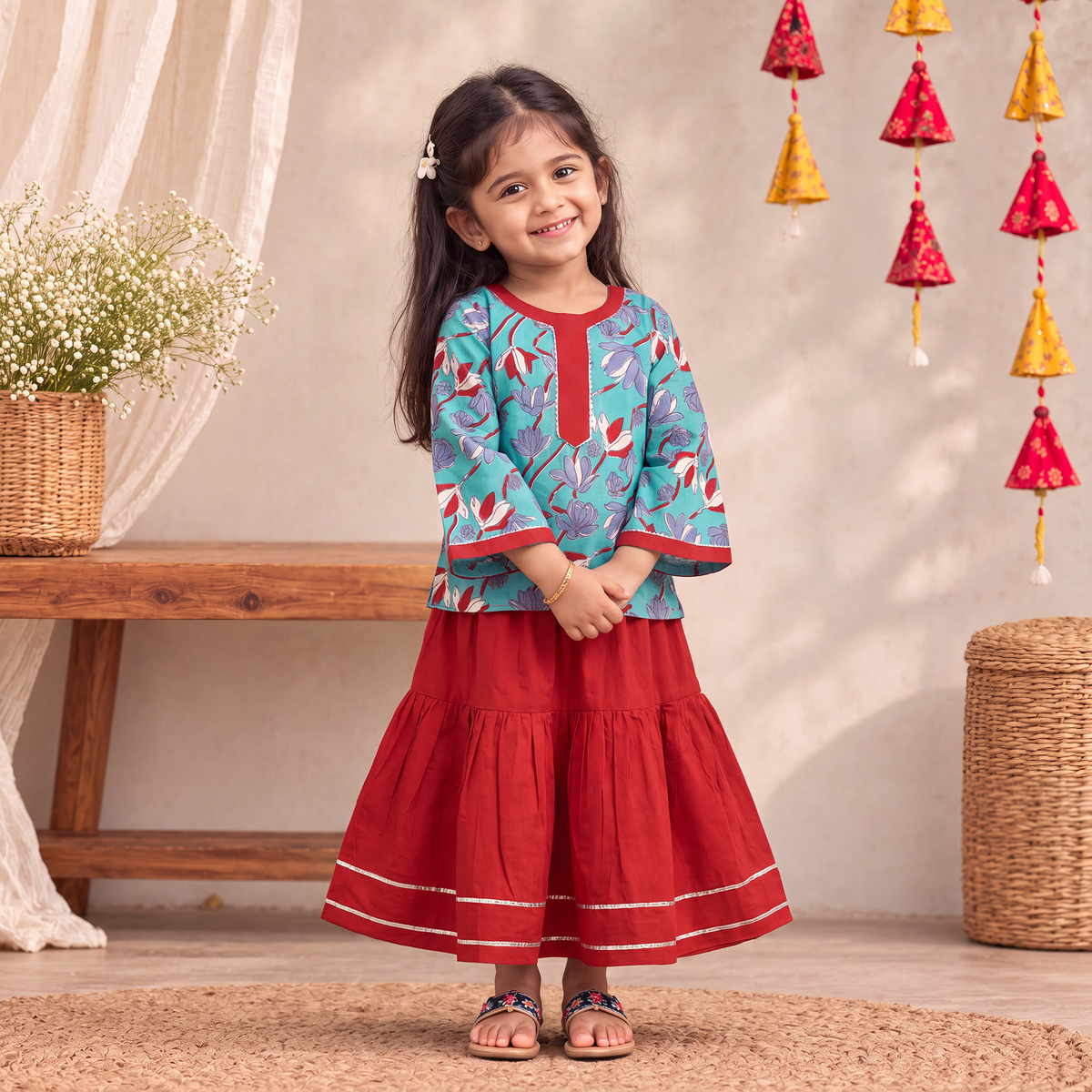 Girls Gota Work Floral Block Print Cotton Kurta with Sharara Set (3-4 Years) 15