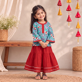 Girls Gota Work Floral Block Print Cotton Kurta with Sharara Set (3-4 Years) 15