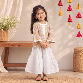 Girls Gota Work Floral Block Print Cotton Kurta with Sharara Set (3-4 Years) 14