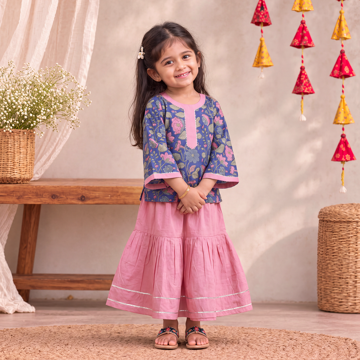 Girls Gota Work Floral Block Print Cotton Kurta with Sharara Set (3-4 Years) 29
