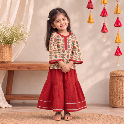 Girls Gota Work Floral Block Print Cotton Kurta with Sharara Set (3-4 Years) 17