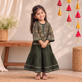 Girls Gota Work Bagru Block Print Cotton Kurta with Sharara Set (3-4 Years) 53