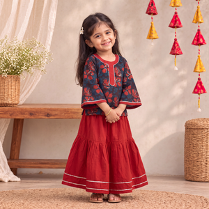 Girls Gota Work Bagru Block Print Cotton Kurta with Sharara Set (3-4 Years) 51