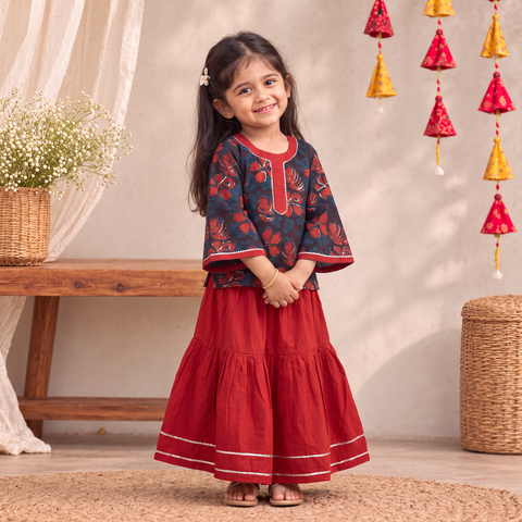 Girls Gota Work Bagru Block Print Cotton Kurta with Sharara Set (3-4 Years) 51