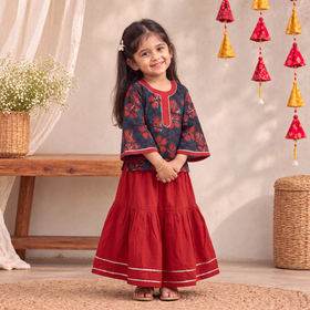Girls Gota Work Bagru Block Print Cotton Kurta with Sharara Set (3-4 Years) 51