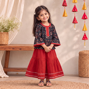 Girls Gota Work Bagru Block Print Cotton Kurta with Sharara Set (3-4 Years) 50