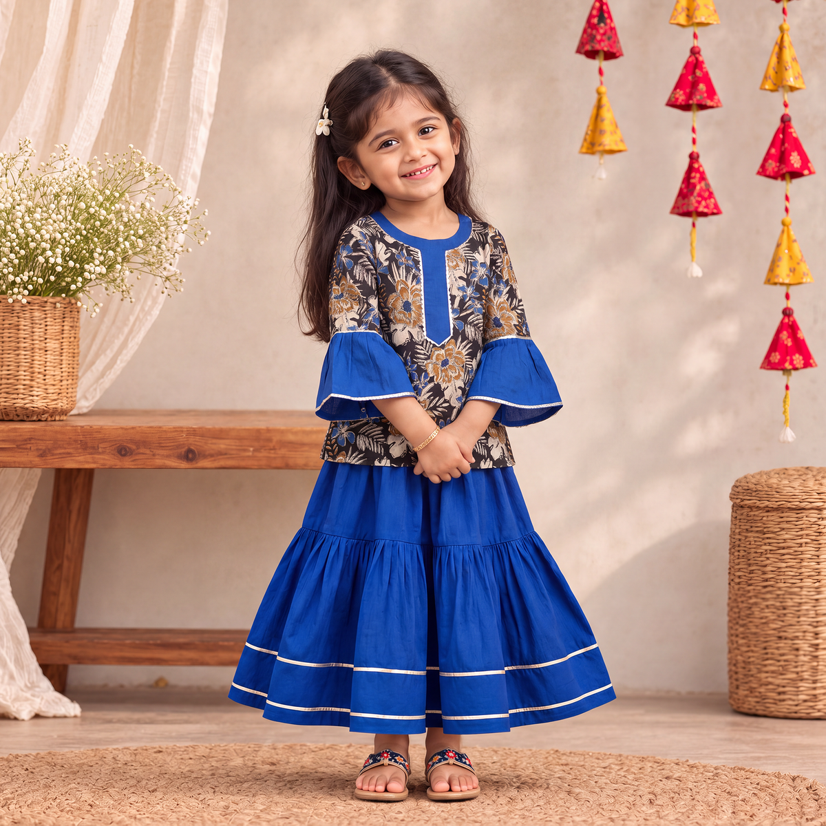 Girls Gota Work Bagru Block Print Cotton Kurta with Sharara Set (3-4 Years) 49