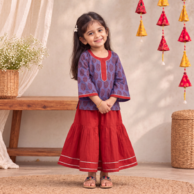 Girls Gota Work Bagh Block Print Cotton Kurta with Sharara Set (3-4 Years) 48