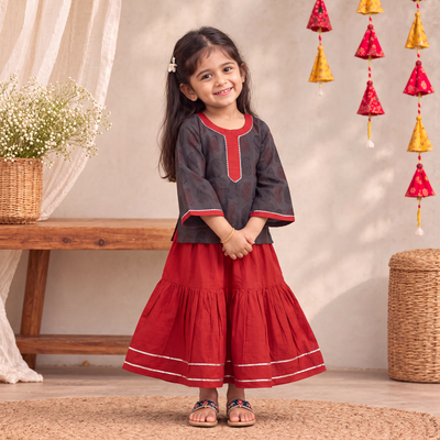 Girls Gota Work Bagh Block Print Cotton Kurta with Sharara Set (3-4 Years) 47