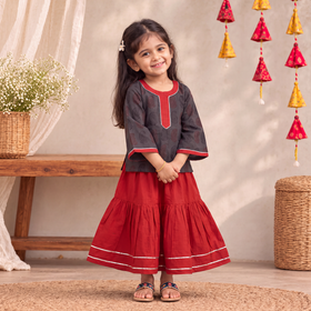 Girls Gota Work Bagh Block Print Cotton Kurta with Sharara Set (3-4 Years) 47