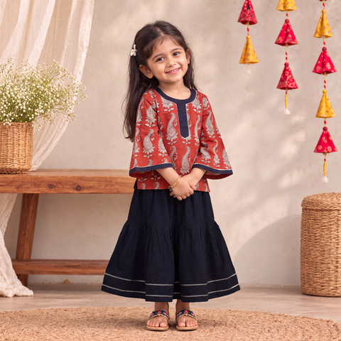 Girls Gota Work Bagh Block Print Cotton Kurta with Sharara Set (3-4 Years) 43