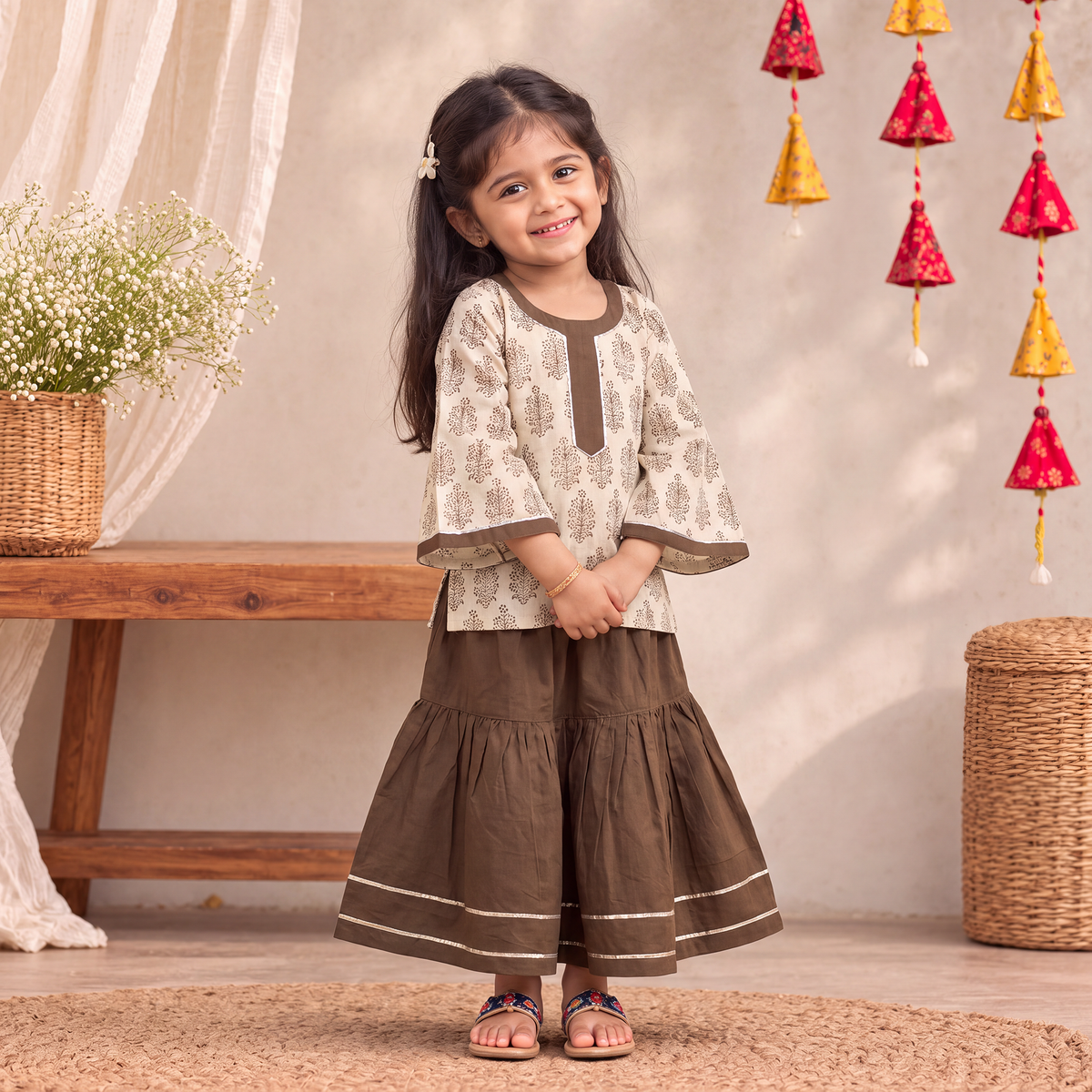 Girls Gota Work Bagh Block Print Cotton Kurta with Sharara Set (3-4 Years) 42