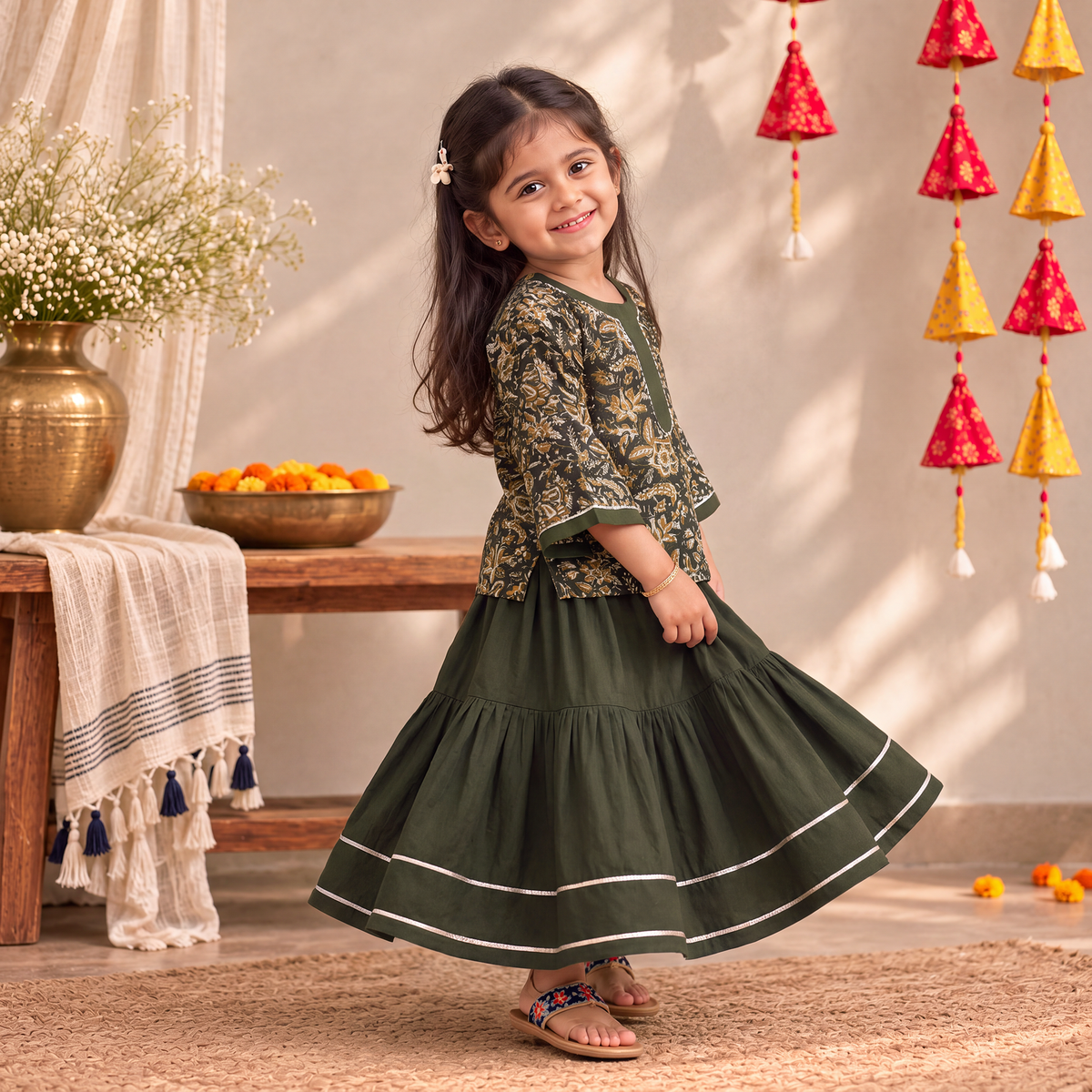 Girls Gota Work Bagru Block Print Cotton Kurta with Sharara Set (3-4 Years) 53