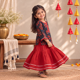 Girls Gota Work Bagru Block Print Cotton Kurta with Sharara Set (3-4 Years) 51