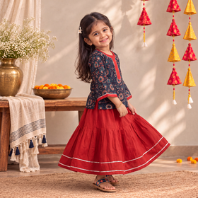 Girls Gota Work Bagru Block Print Cotton Kurta with Sharara Set (3-4 Years) 50