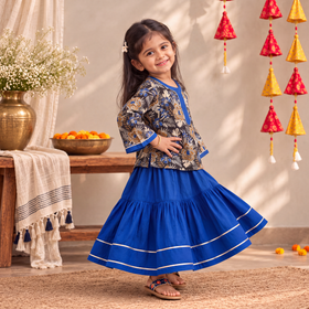 Girls Gota Work Bagru Block Print Cotton Kurta with Sharara Set (3-4 Years) 49