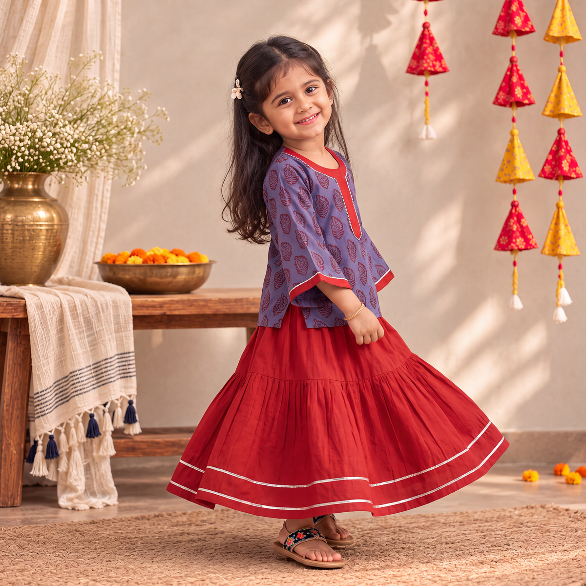 Girls Gota Work Bagh Block Print Cotton Kurta with Sharara Set (3-4 Years) 48
