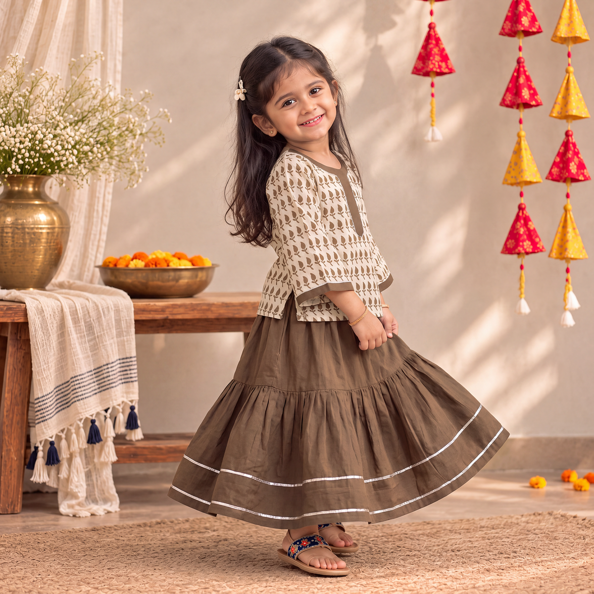Girls Gota Work Bagh Block Print Cotton Kurta with Sharara Set (3-4 Years) 46