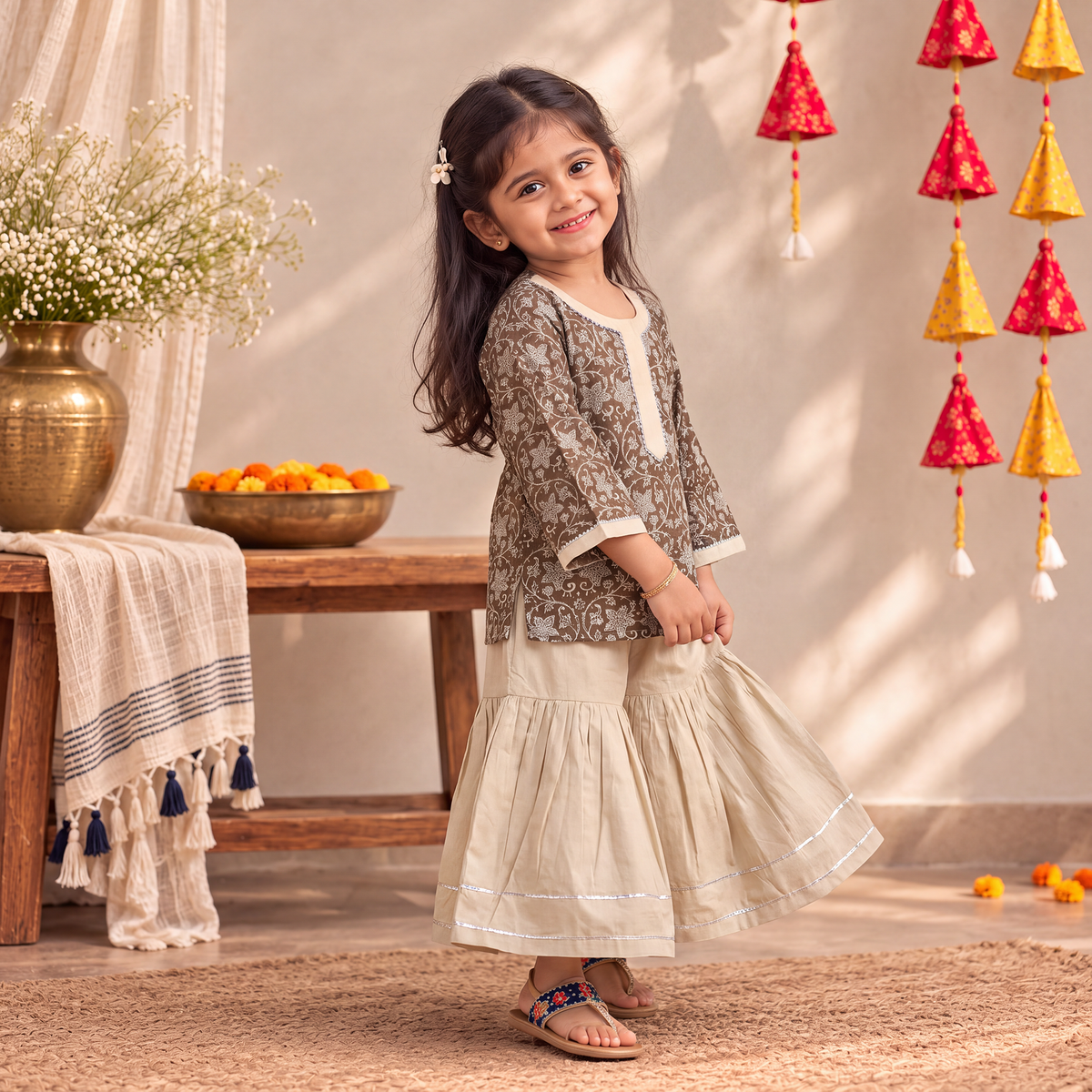 Girls Gota Work Bagh Block Print Cotton Kurta with Sharara Set (3-4 Years) 44