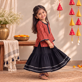 Girls Gota Work Bagh Block Print Cotton Kurta with Sharara Set (3-4 Years) 45