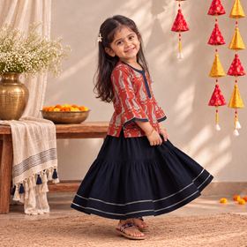 Girls Gota Work Bagh Block Print Cotton Kurta with Sharara Set (3-4 Years) 43