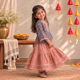 Girls gota work floral block print cotton kurta