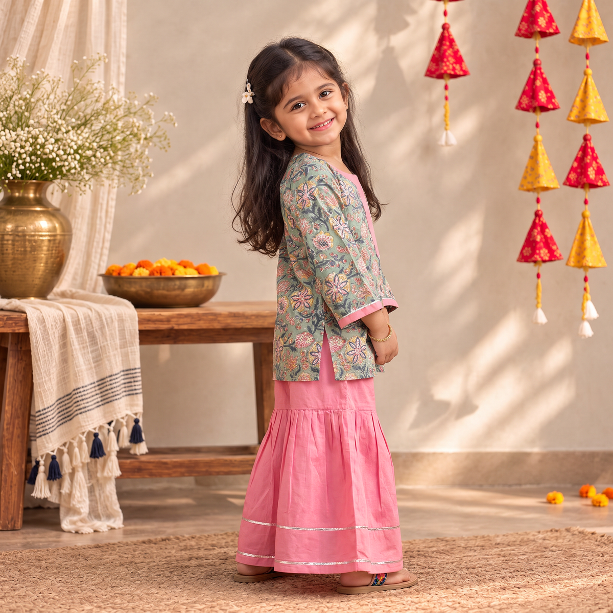 Girls gota work floral block print cotton kurta