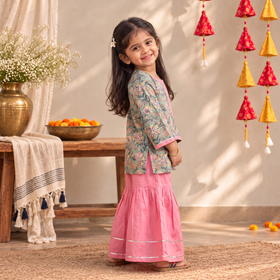 Girls gota work floral block print cotton kurta