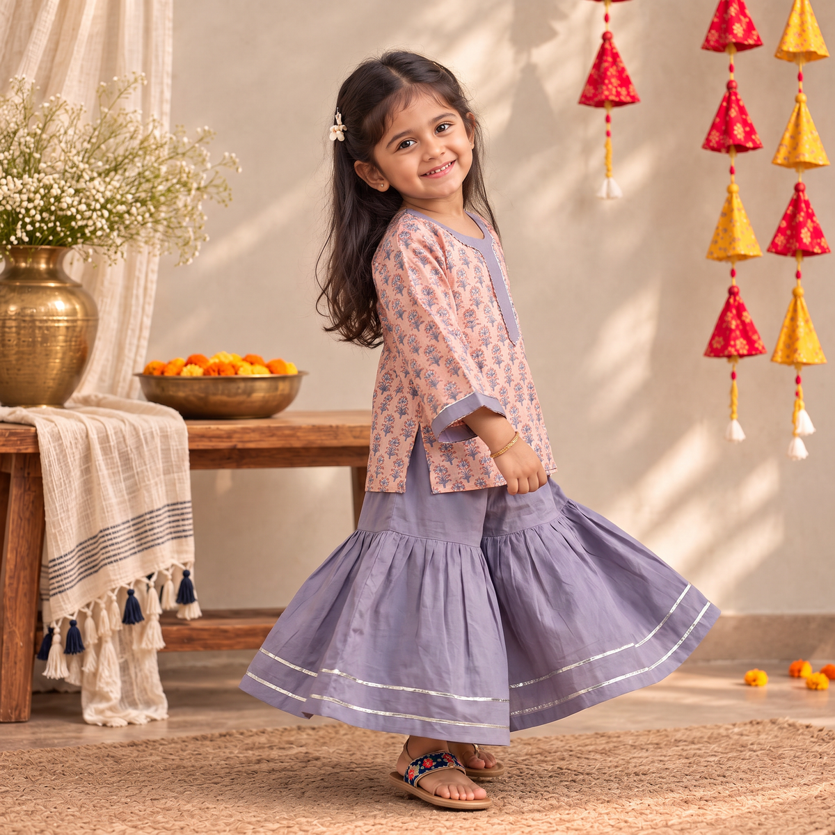 Girls gota work floral block print cotton kurta