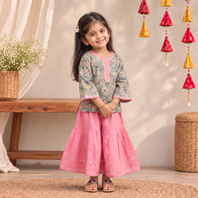 Girls gota work floral block print cotton kurta