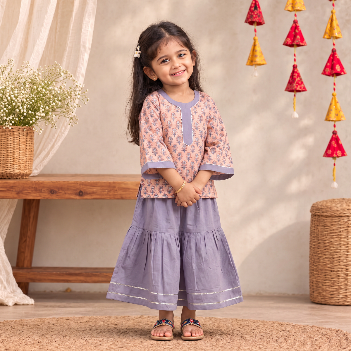 Girls gota work floral block print cotton kurta