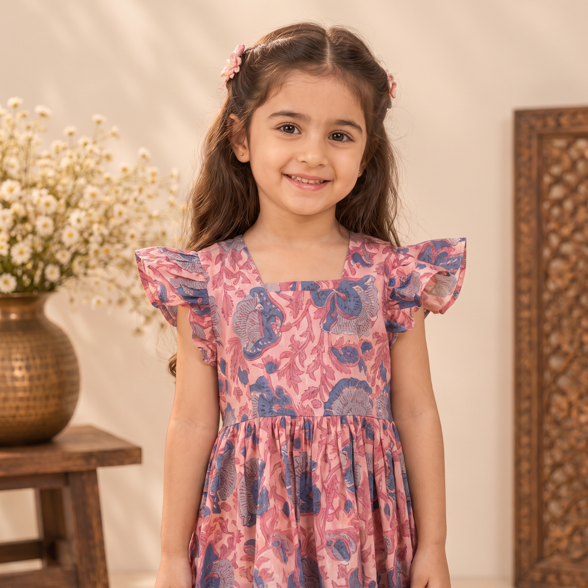 Pure Cotton Girls Tiered Frock Dress in Sanganeri Floral Prints (3-4 Years) 01