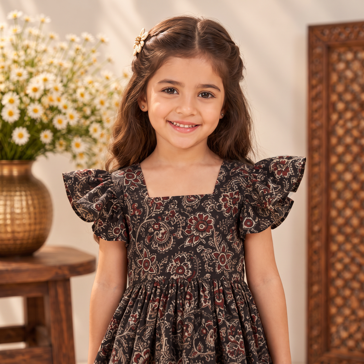 Pure Cotton Girls Tiered Frock Dress in Kalamkari Block Prints (3-4 Years) 06